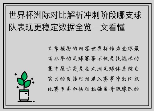 世界杯洲际对比解析冲刺阶段哪支球队表现更稳定数据全览一文看懂
